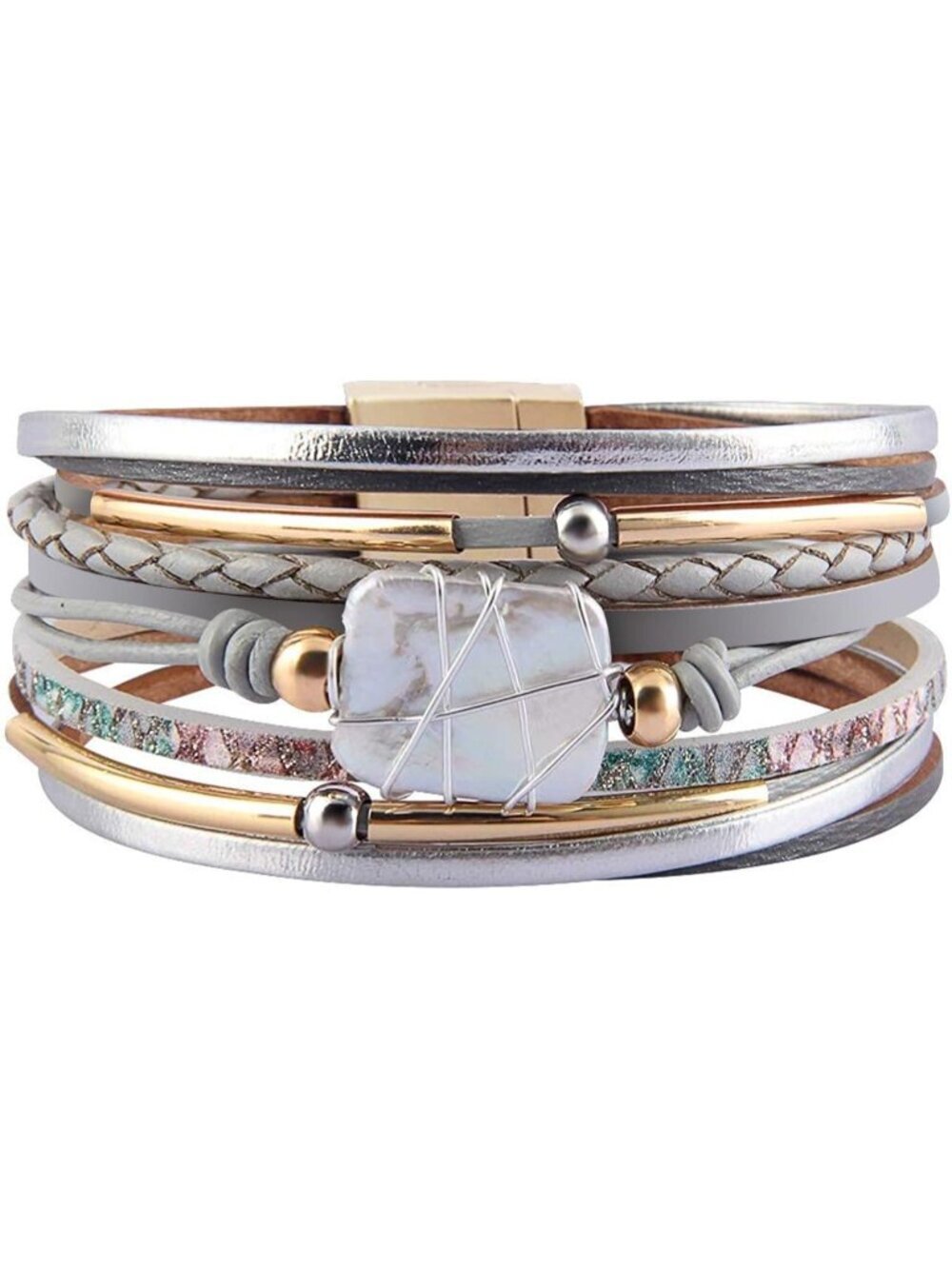 Women Gray Pearl Leopard Multi Layer Crystal Beads Cuff Leather Wrap Bracelets